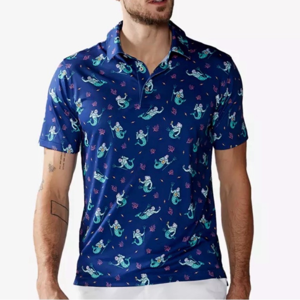 Chubbies Triton Of The Sea Short Sleeve Performance Polo Shirt Blue Nautical XL